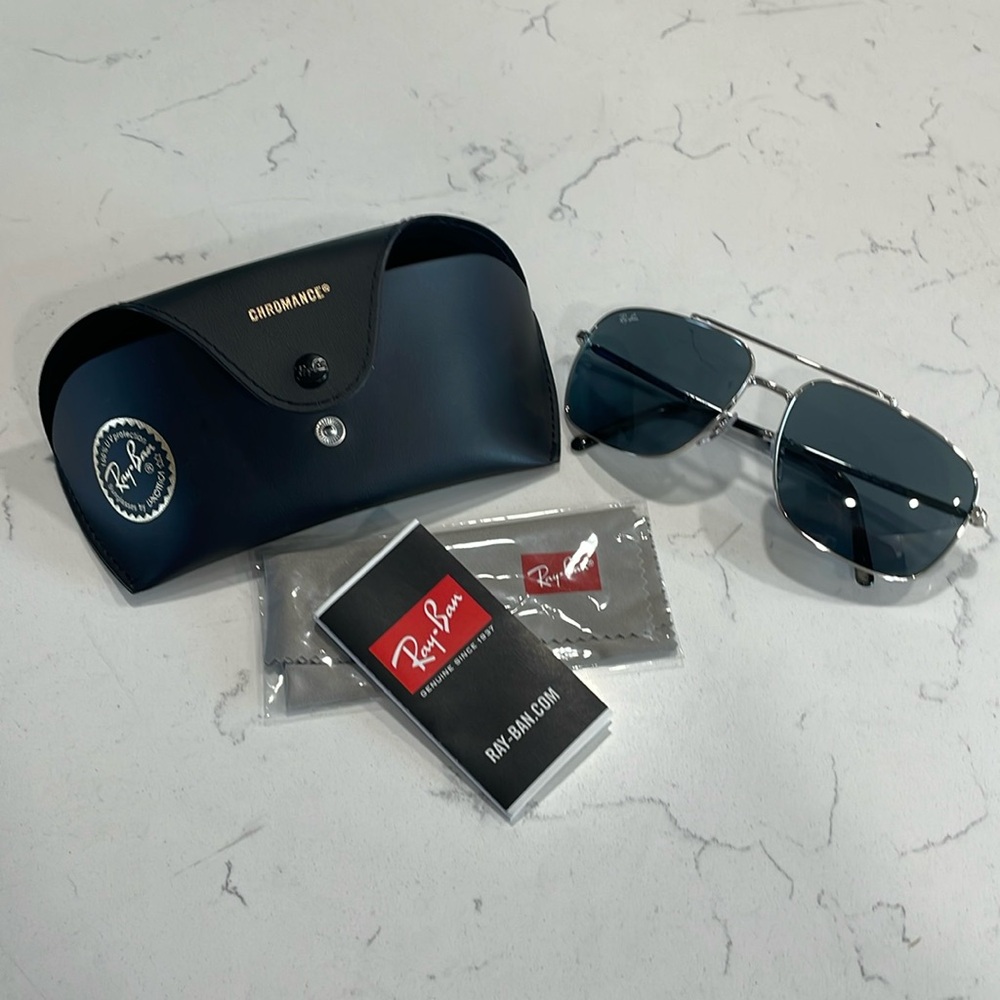 Ray-Ban RB3796 CHROMANCE Sunglasses, Polished Silver Metal, Blue Lens